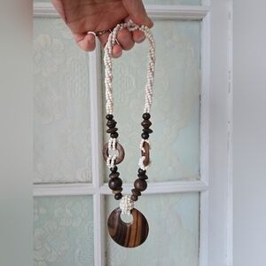 Boho Wood Pendant Necklace with Ivory Seed Beads and Toggle Closure